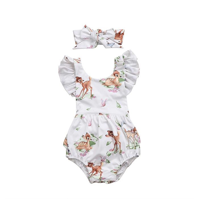 New Romper Deers Headband Lovely Cartoon Printed Jumpsuit Infant Baby Girls Ruffle Sleeve Hairband Outfit 0-18M